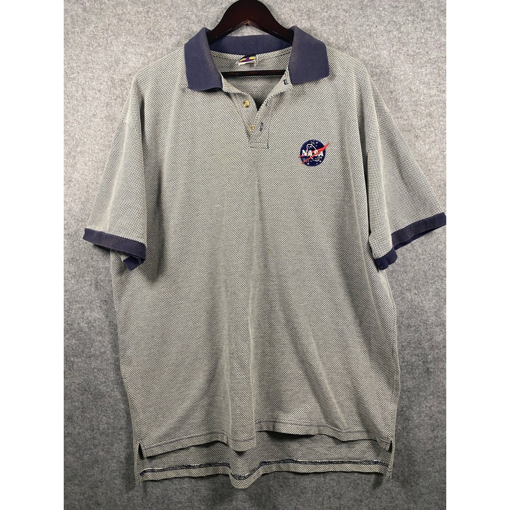 Vintage NASA Polo Shirt Mens XL Oasis Sports Network Honeycomb Knit Navy Gray